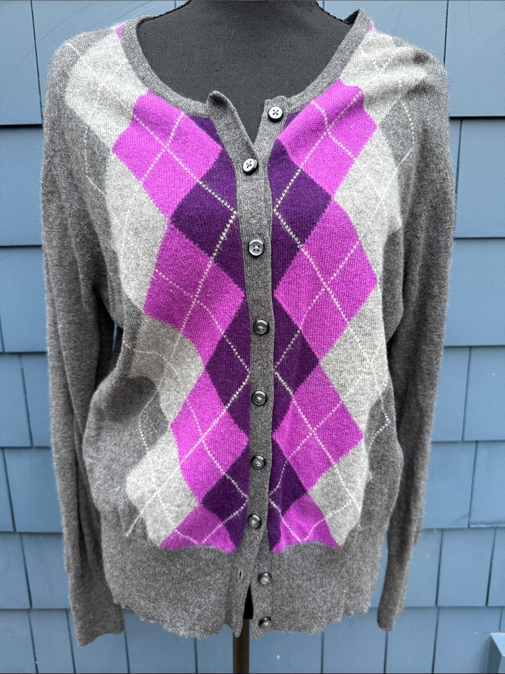 Apt. 9 Gray Cardigan with Purple Argyle Front XL cashmere
